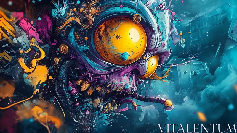 Mutated skull with glowing eyes floats in chaotic debris field