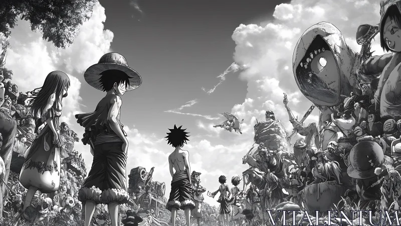 Straw hat pirates confront surreal army on open field.