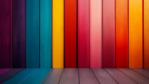 Vertical rainbow wooden wall merges into matching floorboards