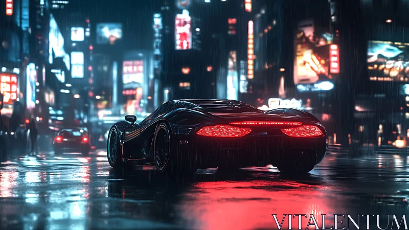 Futuristic supercar in neon rain-soaked cybercity streets.