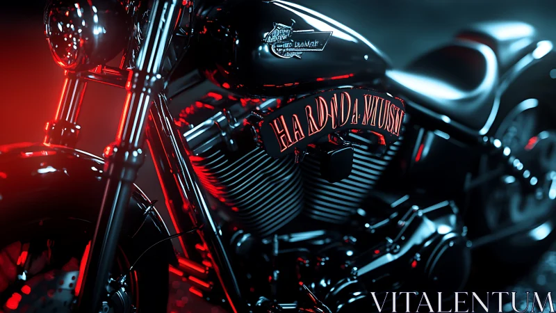 Custom black motorcycle glows under neon red night lights