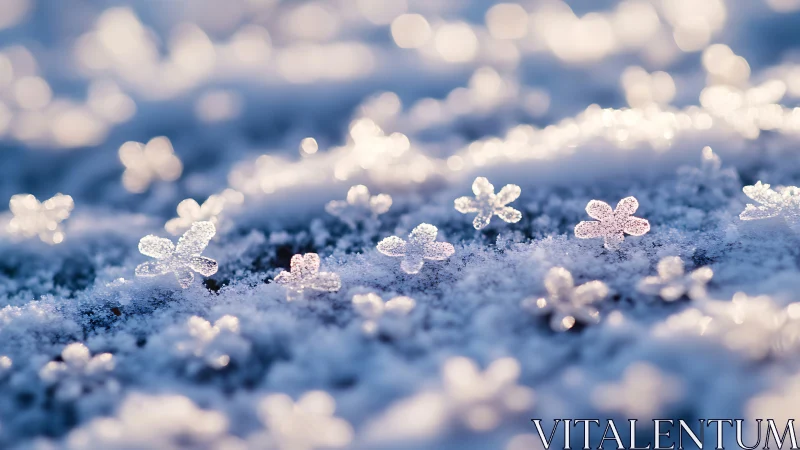 Crystalline Ice Flowers on Frozen Surface with Bokeh Sky.