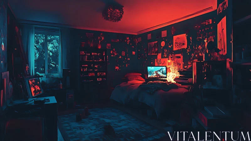 Moody gamer bedroom lit by blue and red screens at night.