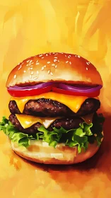 Double cheeseburger illustration with vivid golden backdrop.