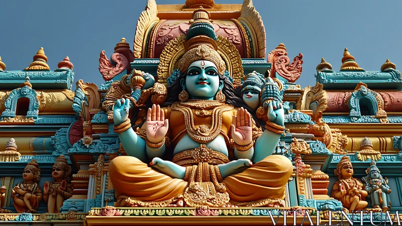 Ornate temple deity sculpture under clear blue sky.