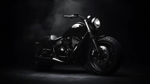 Low-key studio profile of black V-twin cruiser motorcycle