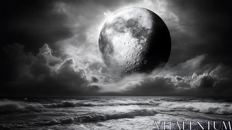Colossal lunar tide quietly invades a stormlit monochrome sea