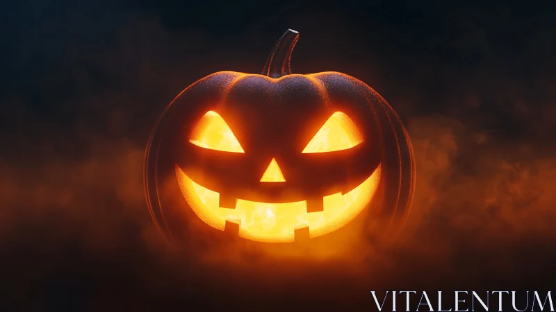 Glowing jack-o’-lantern amid swirling Halloween fog.