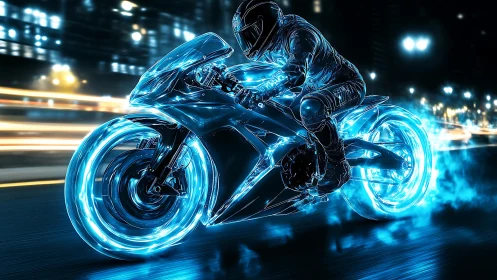 Motorcyclist on neon-lit sport bike in night cityscape.