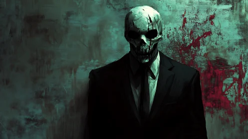 Skull headed figure in suit before grunge teal wall.