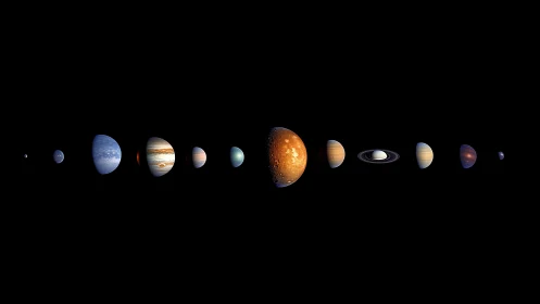Solar system planets aligned against black space field.