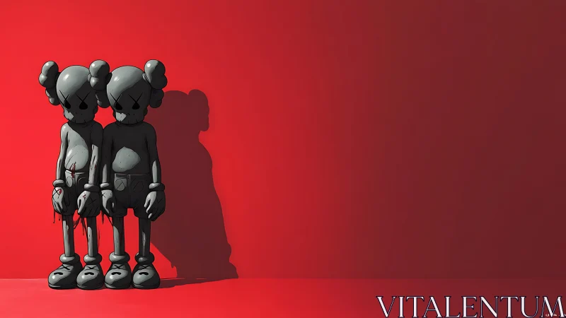 Twin gray vinyl figures against stark crimson wall.