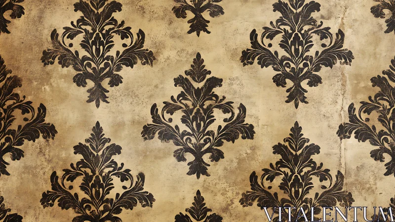 Symmetrical baroque damask pattern on distressed sepia wall surface
