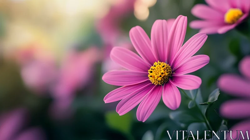 Pink daisy-type flower with yellow center in shallow depth field