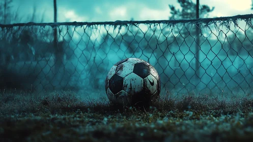 Weathered soccer ball rests by misty chain-link fence at dawn.