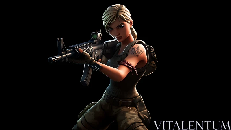 Game-ready soldier aims rifle under stark dramatic light.