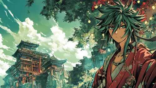 Anime samurai drifter before layered temple complex at dusk.