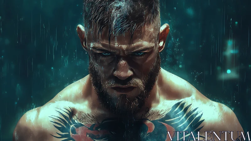 Rain-soaked tattooed fighter portrait with intense blue lighting