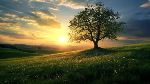 Solitary tree crowns sunlit meadow under radiant sunset sky.
