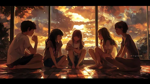 Sunset circle of friends in warm cinematic anime lighting.