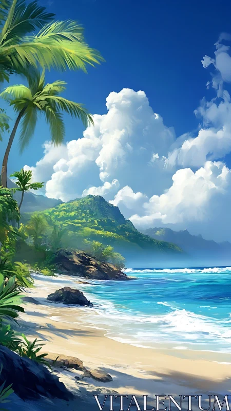 Tropical coastal landscape with mountainous terrain and palm vegetation.