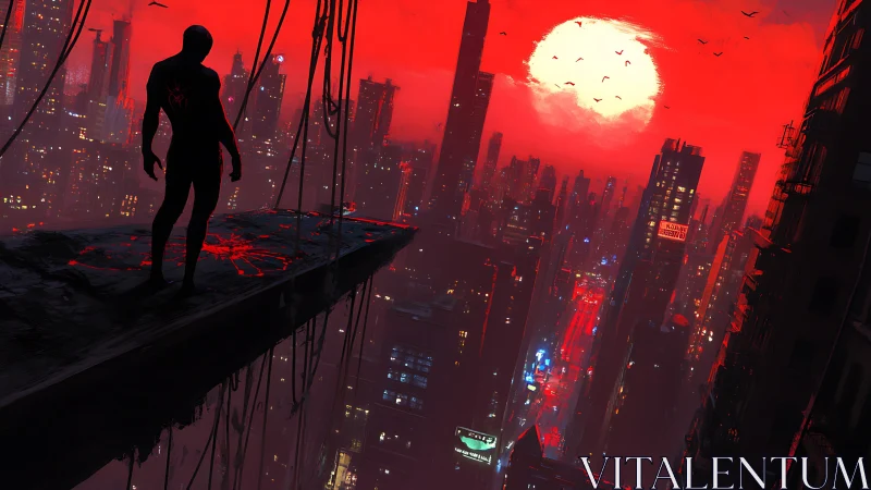 Silhouetted hero surveys neon city beneath burning red sun