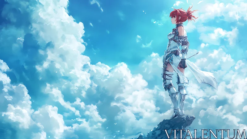 Armored sky warrior stands resolute above sunlit clouds