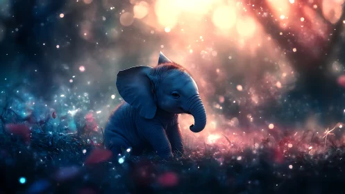 Baby elephant resting in glowing magical forest dusk.