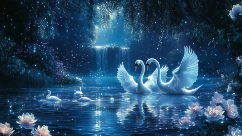 Moonlit swans glide beneath luminous enchanted waterfall.