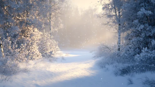 Soft morning light drifts through a peaceful snowy forest path