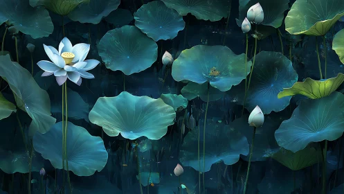 Moonlit lotus garden unfolds in shimmering teal hues.