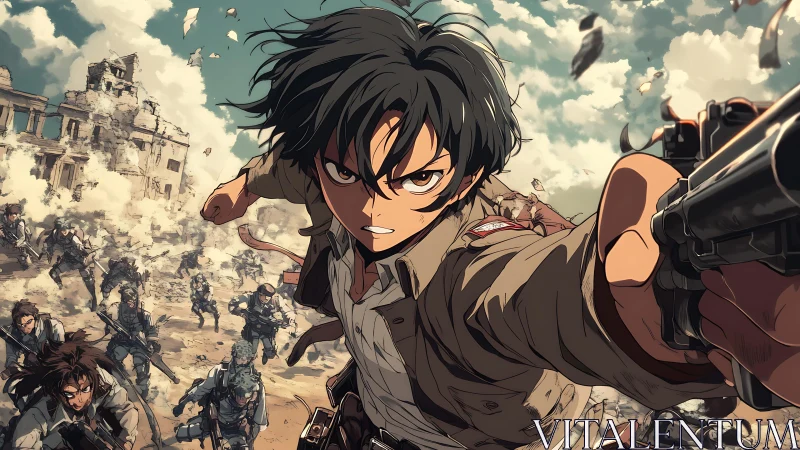 Dynamic anime soldier charge in ruined urban battlefield perspective