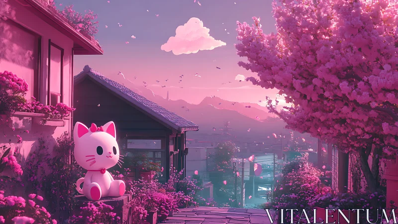 Soft-lit vinyl cat figure in stylized pink urban sakura valley