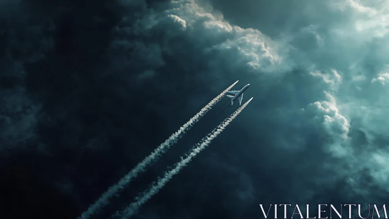 Jet airliner cuts stormy sky with twin vapor trails.