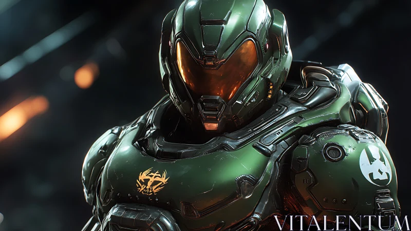 Armored sci fi soldier in battle worn green exosuit.