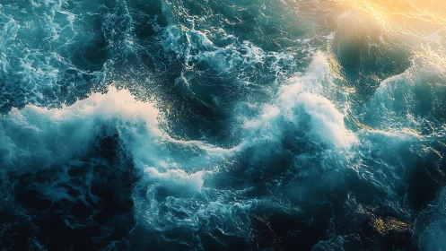Sunlit ocean surface with foaming turquoise waves in motion.