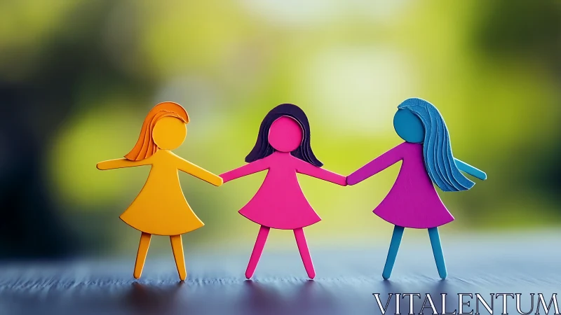 Three Colorful Paper Doll Girls Holding Hands, Playful Style.