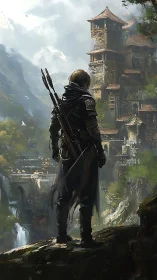 Lone ranger surveys mist-clad citadel above roaring falls.