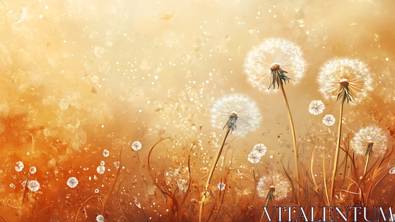 Dandelion seed heads glow softly in a warm golden breeze