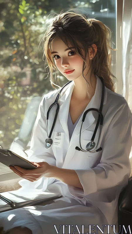 Sunlit young doctor studying charts in quiet window glow.