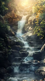 Sunlit forest cascade over mossy rocks at dawn.