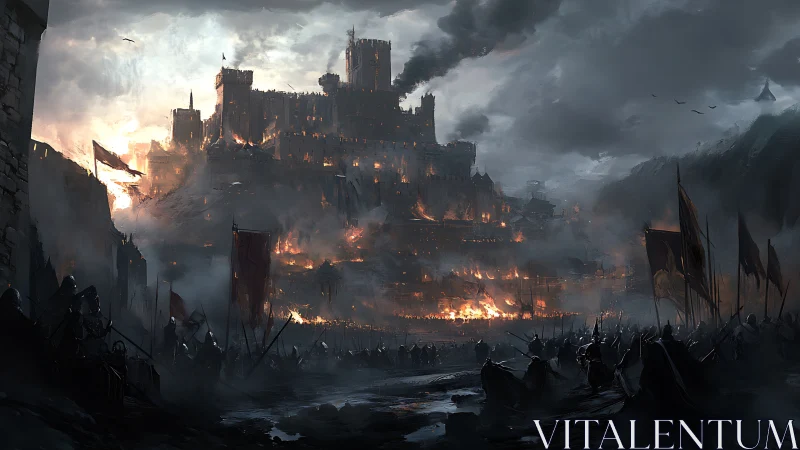 Night siege on burning fortress citadel under storm clouds