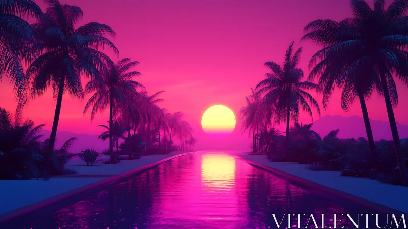 Neon tropic sunset river glows under candy-colored skies.