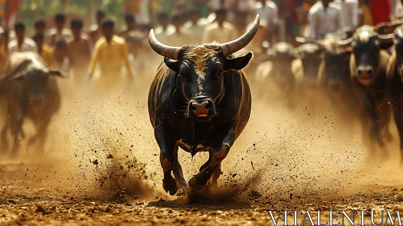 Photorealistic buffalo charge with dynamic motion perspective.