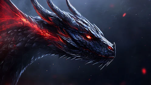 Ember-eyed dragon drifting through midnight embers.