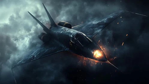 Futuristic jet aircraft crosses turbulent, illuminated clouds