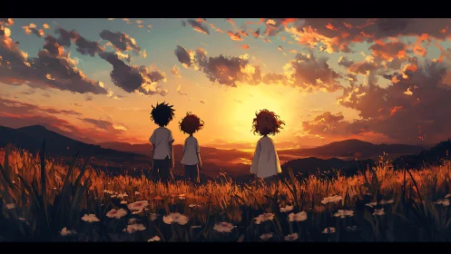 Children watch blazing sunset over wildflower hillscape.