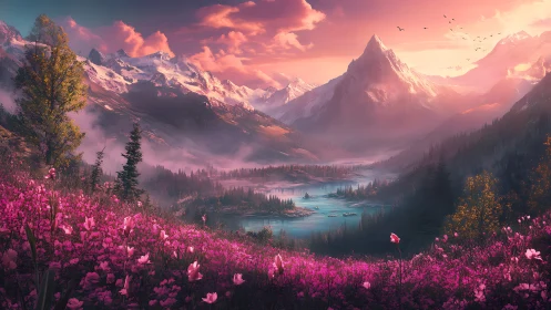 Alpine valley with pink wildflower meadow at cinematic sunset.