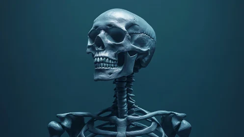 Detailed human skeleton render in cool blue light.