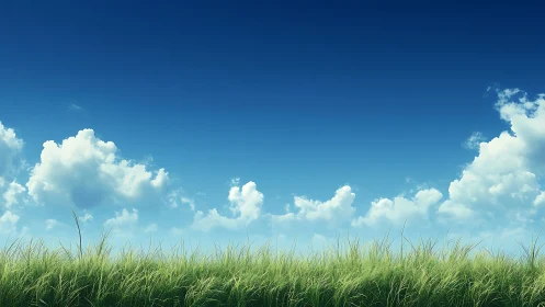 Peaceful grassy field under blue sky with fluffy clouds, digital art.